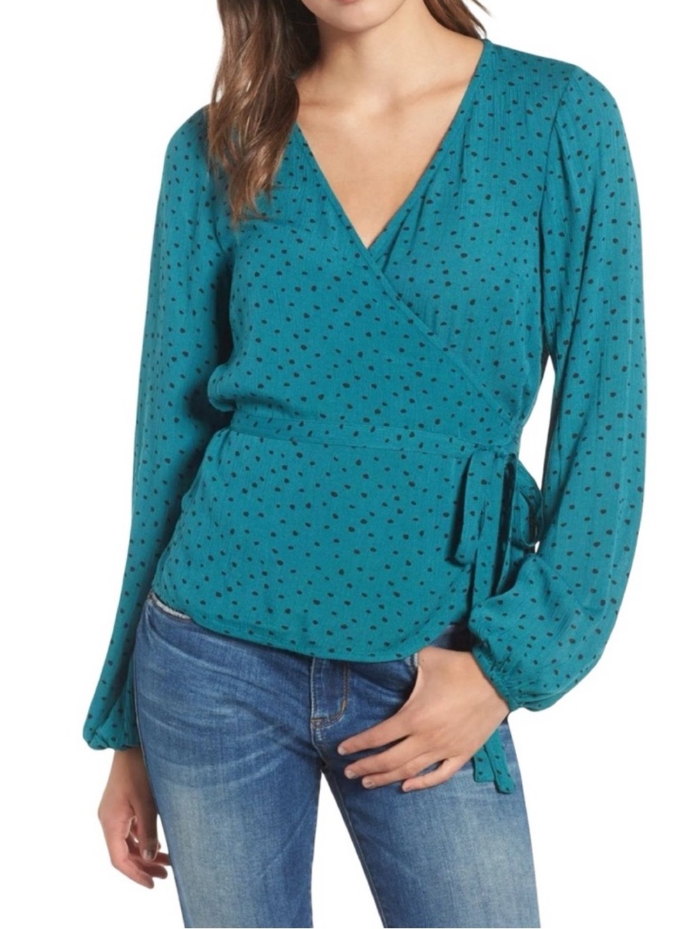 Billabong All Wrapped Up Teal Polka Dot Long Sleeve Wrap Blouse Sz M